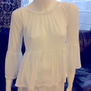 Boohoo white sheer 3/4 ruffle sleeve peplum blouse
